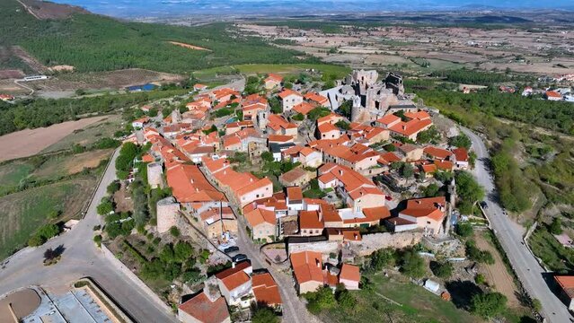 Aerial landscape from a drone of the town of Castelo Rodrigo. Municipality of Figueira de Castelo Rodrigo. Vale do C&ocirc;a Archaeological Park. Historic Villages. Portugal. Europe