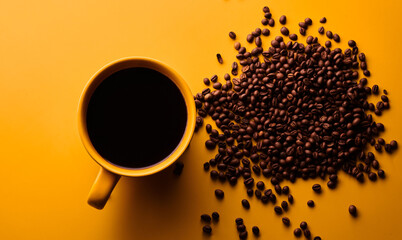 Cup of freshly brewed roasted coffee beans on yellow background
