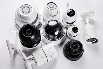 Surveillance cameras, set of different videcam, cctv cameras isolated on white background close up. home security system concept