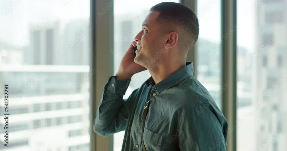 Aufkleber phone call, talking and business man in office building window for client communication, b2b network