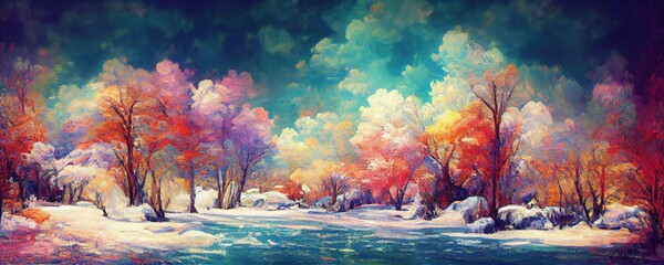 Obraz na płótnie Canvas Magical winter landscape scene with colorful trees