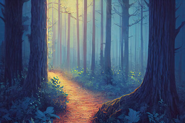 Magical fairy tale forest landscape background with a footpath and light - obrazy, fototapety, plakaty