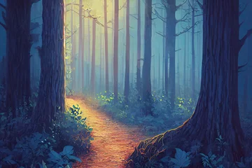 Poster Magical fairy tale forest landscape background with a footpath and light © Robert Kneschke