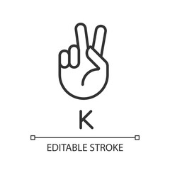 Letter K sign in ASL pixel perfect linear icon. Nonverbal communication. Patients with deafness care. Thin line illustration. Contour symbol. Vector outline drawing. Editable stroke. Arial font used