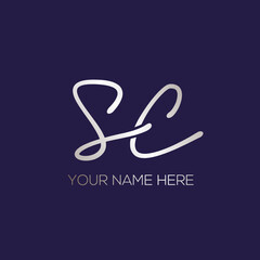 SC monogram logo.Calligraphic icon.Script letter s, letter c.Lowercase lettering sign.Signature alphabet initials.Handwritten style characters.Shiny metallic silver color.