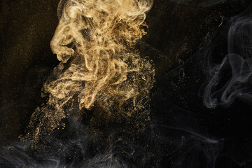 Golden sparkling abstract background, luxury black smoke, acrylic paint underwater explosion,...
