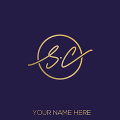 SC monogram logo.Calligraphic icon.Script letter s, letter c.Lowercase lettering sign.Signature alphabet initials.Handwritten style characters.Circle frame.