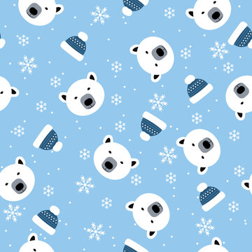 flat pattern image with polar bear head and blue cap. seamless pattern with polar bear, snowballs on a blue background