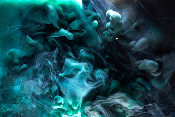 Fototapeta na wymiar Emerald abstract background, luxury smoke, acrylic paint underwater explosion, cosmic swirling aquamarine ink