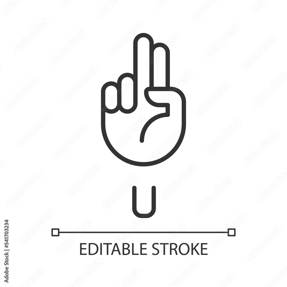 Poster letter u sign in asl pixel perfect linear icon. words visualization by gestures. communication. thin