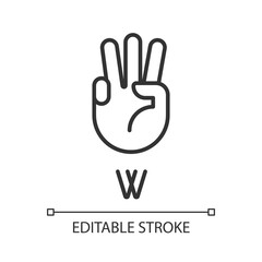 Letter W in American sign language pixel perfect linear icon. Nonverbal communication. Gestures system. Thin line illustration. Contour symbol. Vector outline drawing. Editable stroke. Arial font used