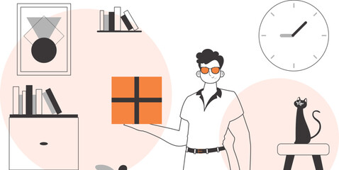 The guy is holding a package. Parcel delivery concept. Linear modern style.
