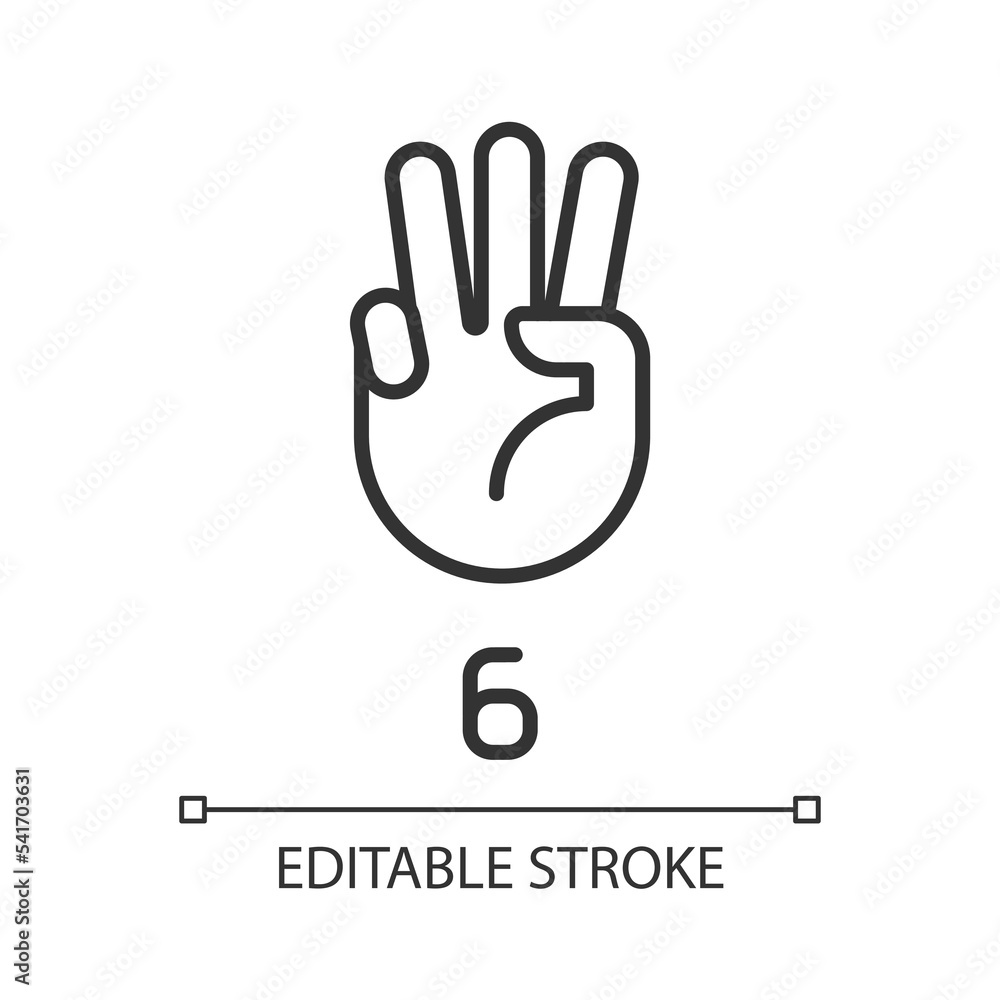 Poster digit six in american sign language pixel perfect linear icon. visual modality for count. thin line 