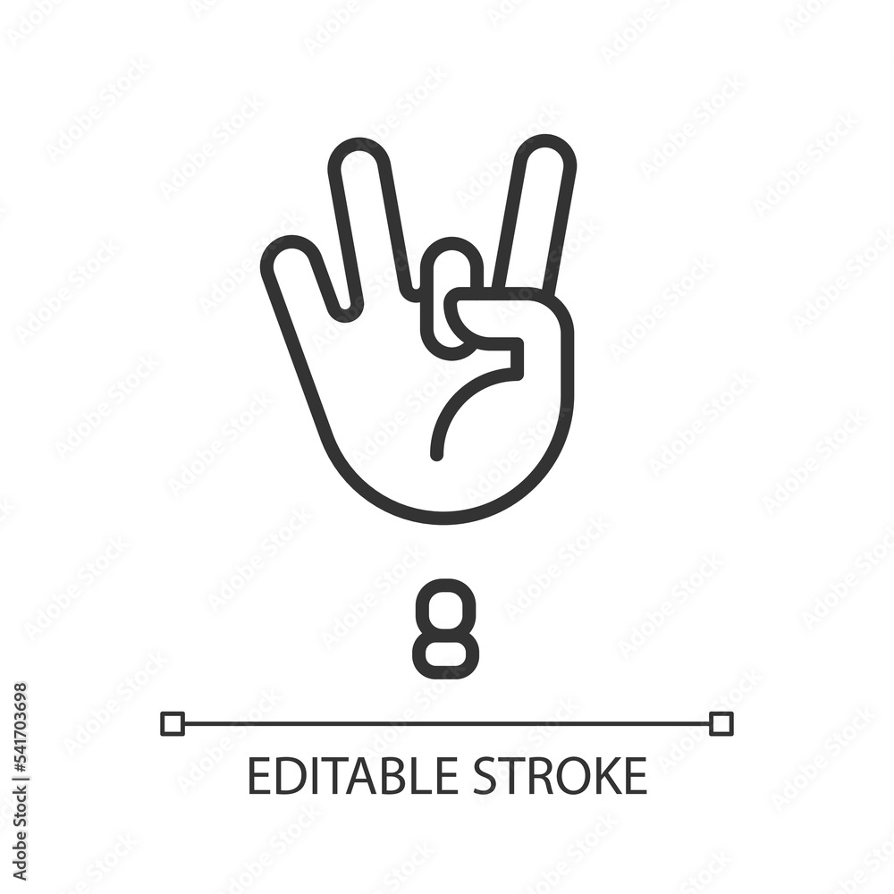 Poster digit eight sign in asl pixel perfect linear icon. gesture language. nonverbal communication. thin l