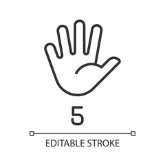 Obraz premium Digit five in American sign language pixel perfect linear icon. Communication system. Gesture. Thin line illustration. Contour symbol. Vector outline drawing. Editable stroke. Arial font used