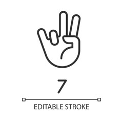 Digit seven sign in ASL pixel perfect linear icon. Number visual modality. Communication way. Thin line illustration. Contour symbol. Vector outline drawing. Editable stroke. Arial font used