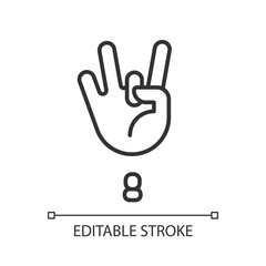 Obraz premium Digit eight sign in ASL pixel perfect linear icon. Gesture language. Nonverbal communication. Thin line illustration. Contour symbol. Vector outline drawing. Editable stroke. Arial font used