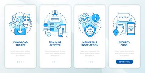 Banking application installation blue onboarding mobile app screen. Walkthrough 4 steps editable graphic instructions with linear concepts. UI, UX, GUI template. Myriad Pro-Bold, Regular fonts used