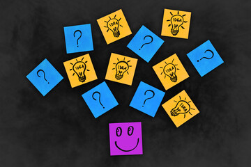 Positive thinking helps resolving questions, finding solutions and ideas. Sticky notes with drawn doodles. Smiling face, question marks and lightbulbs