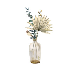 Rust beige dried flowers bouquet in glass bottle, eucalyptus, dried tropical palm leaf for winter wedding designs in vintage style. Isolated on white background