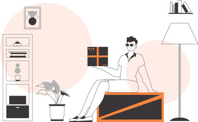 The man is holding a parcel. Parcel Provider. Linear trendy style.