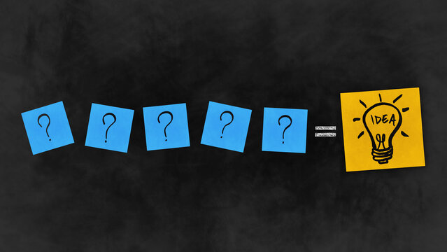 Questions and knowlage helps finding solutions and great ideas. Sticky notes with drawn doodles. Question marks and lightbulb