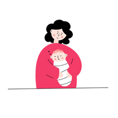 A happy mother holds her newborn baby in her arms. Flat and illustration