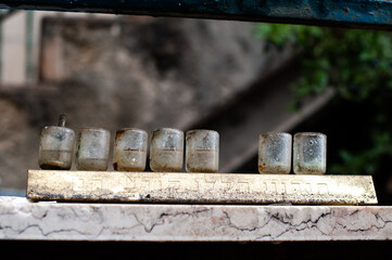 An unlit Hanukkah menorah in daylight during the celebration of the Festival of Lights in Israel.