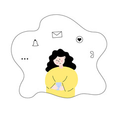 The girl holds the phone in her hands and checks the messages. Vector illustration