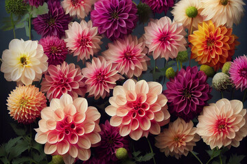 Red white Dahlia flowers with rain drops, top view wallpaper background. Colorful dahlia flowers, wallpaper backdrop. Blossoming dahlias bloom