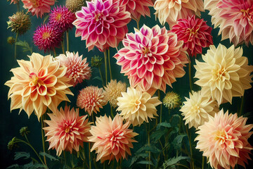 Red white Dahlia flowers with rain drops, top view wallpaper background. Colorful dahlia flowers, wallpaper backdrop. Blossoming dahlias bloom