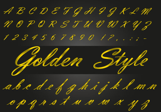 Elegant golden alphabet with uppercase and lowercase letters. Handwriting vector abc.