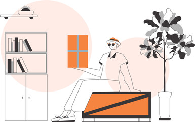 The boy is holding a parcel. Delivery concept. Linear style.