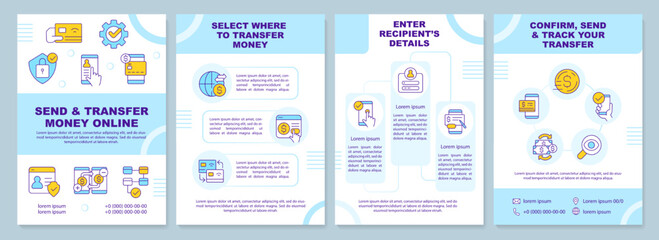 Send and transfer money online blue brochure template. Leaflet design with linear icons. Editable 4 vector layouts for presentation, annual reports. Arial-Black, Myriad Pro-Regular fonts used