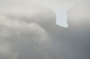 Cliffs in the fog. The Nublo Rural Park. Tejeda. Gran Canaria. Canary Islands. Spain.