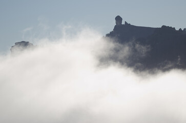 Roque Nublo in the fog. The Nublo Natural Monument. Tejeda. Gran Canaria. Canary Islands. Spain.