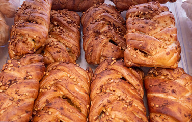 baked goods on the shelf in the market