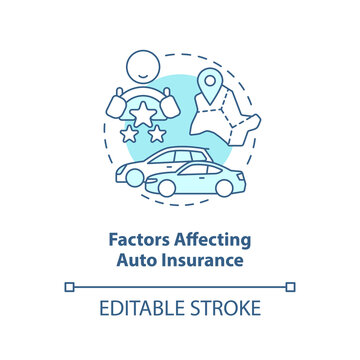 Factors affecting auto insurance turquoise concept icon. Car coverage metrics abstract idea thin line illustration. Isolated outline drawing. Editable stroke. Arial, Myriad Pro-Bold fonts used