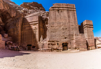 A view towards burial sites in the ancient city of Petra, Jordan in summertime