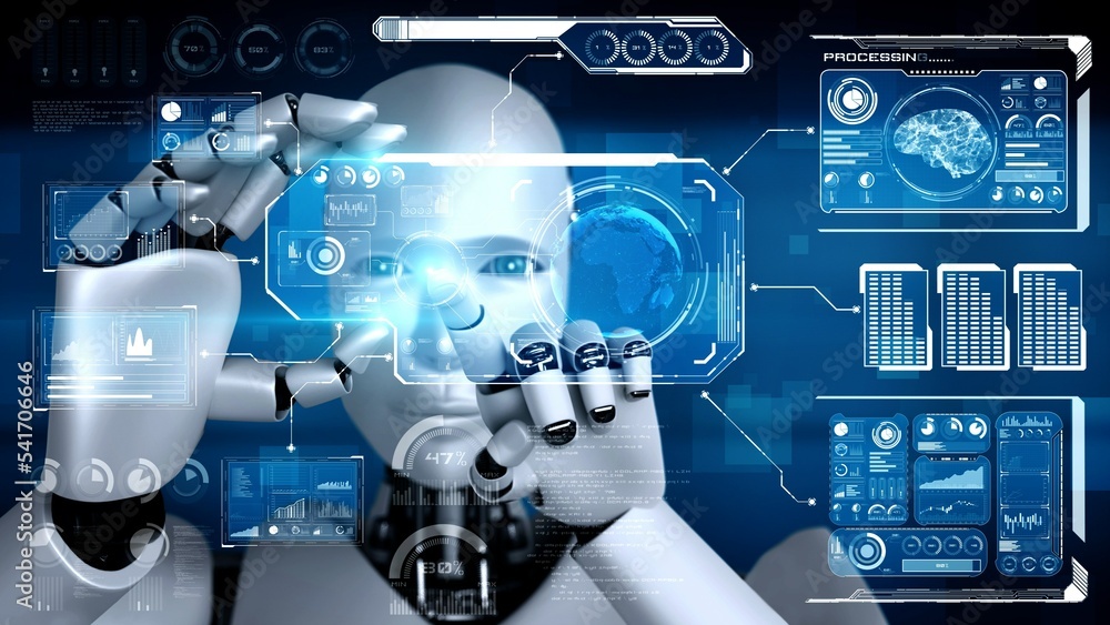 Aufkleber robot hominoid hold hud hologram screen in concept of ai thinking brain, artificial intelligence and