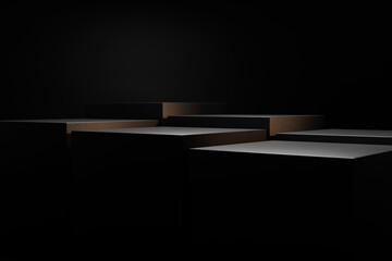Black painted boxes. Product advertising marketing background. Various heights in stages.