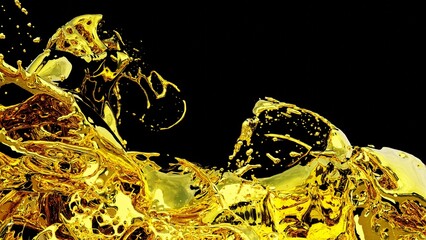 3D render, Gold liquids Splash, Abstract fluid background