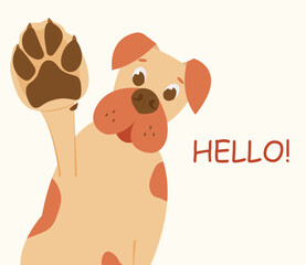 cartoon style dog. pet gives paw. sign saying hello © Viki Vector