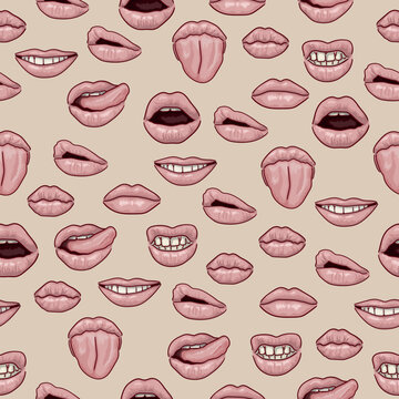 Lip stickers. Smile. Kiss. tongue. Teeth. Vector graphics.