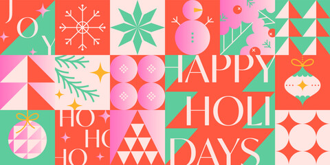 Christmas and Happy New Year greeting banner template.Festive vector layout in bauhaus style with traditional winter holiday symbols.Xmas trendy design for branding,invitations,prints,social media