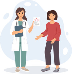 Vector illustration of a doctor consultation with a patient. Therapist in a white coat. Modern medical services and consultation concept. Flat vector illustration isolated on white background.