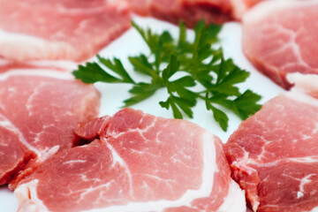 Raw Pork Slice in White Round Plate decorated with parsley. Fresh raw pork.