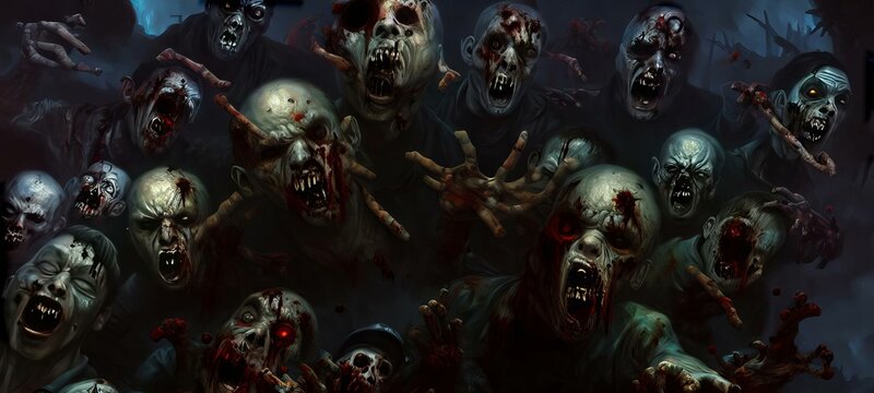 A Group Of Zombies With Their Mouths Open, Remarkable Background Backdrop Wallpaper. Concept Imagination.