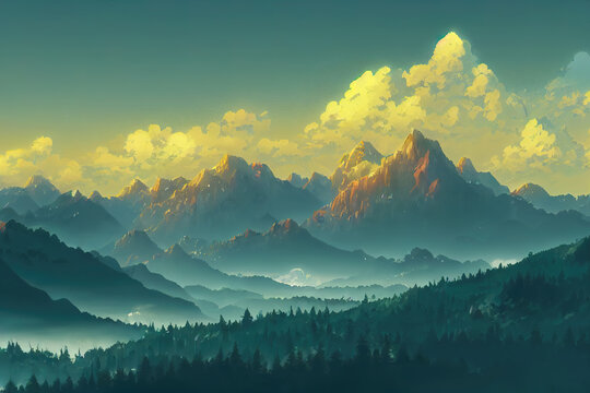 a land with mountains and forest, foggy scenery anime illustration