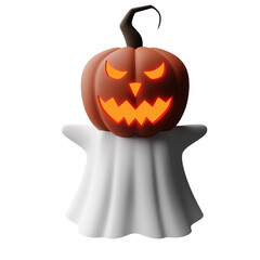 3d rendering illustration scary white ghost with jack o lantern head floating halloween decorative design theme